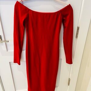 Alice + Olivia Red Off-Shoulder Long Sleeve Sheath Maxi Dress